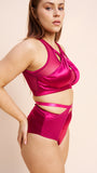 Loretta Mesh Cut Out High Waist Shorts Recycled Satin Magenta