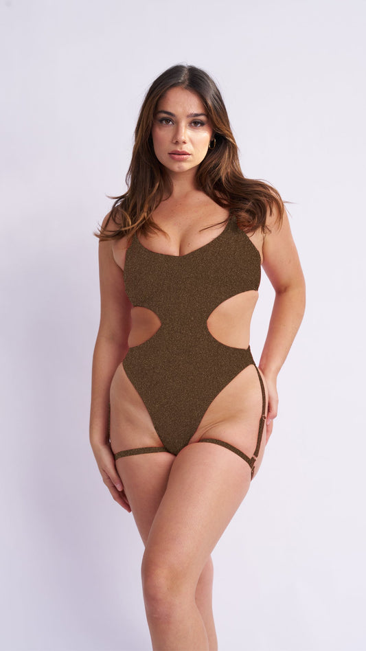 Pixie Bodysuit in Gold Black Lurex