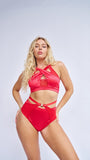 Loretta Mesh Cut Out High Waist Shorts Satin Red