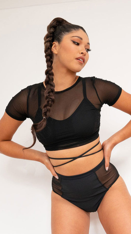 Ember Top - Mesh Tie-Up Short Sleeve Top Black