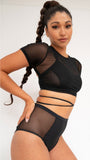 Ember Top - Mesh Tie-Up Short Sleeve Top Black