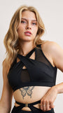 Katherine Top - Mesh Cross Over Cut Out Top Recycled Black
