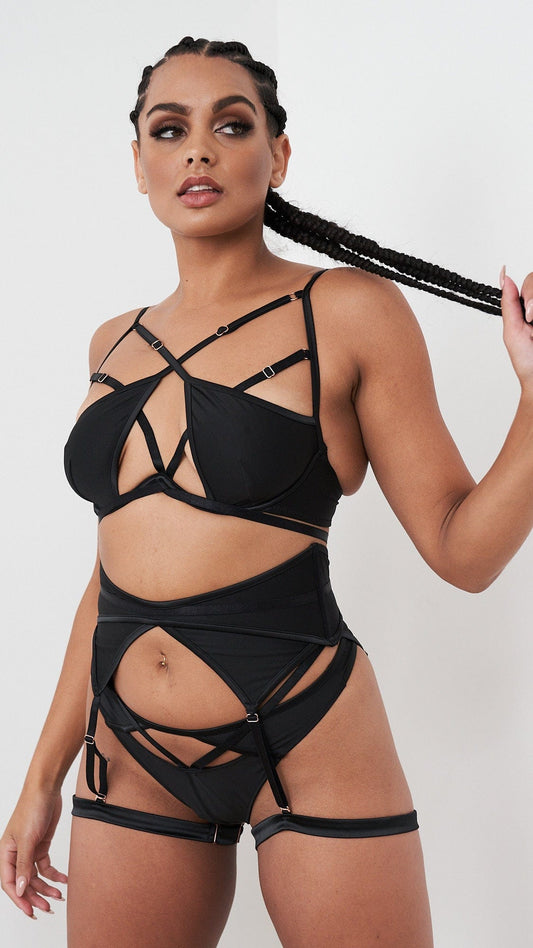 Lauren Set - Strappy Cut Out Lingerie Set Recycled Black