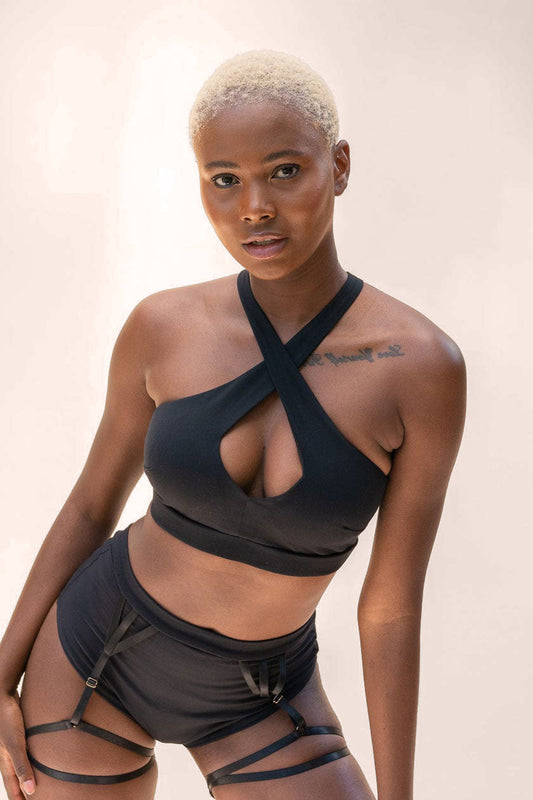 Roxy Top - Cross Over Cut Out Halter Top Black