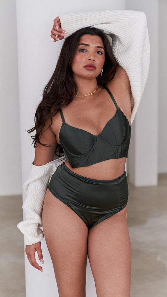 Taylor Set - Satin Longline Lingerie Set Forest Green