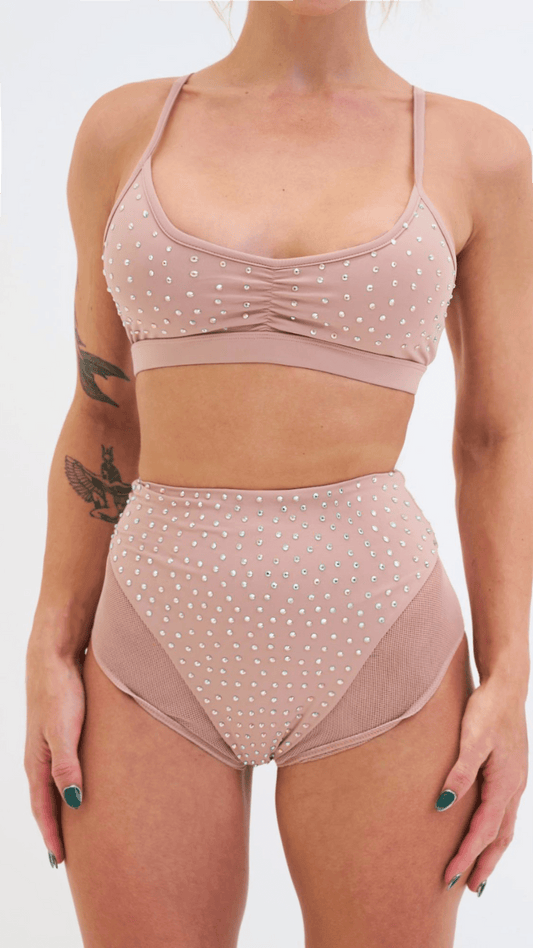 Roxie Mesh Diamante High Waist Bottoms Taupe