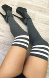 Charcoal Thigh High Socks with White Stripe