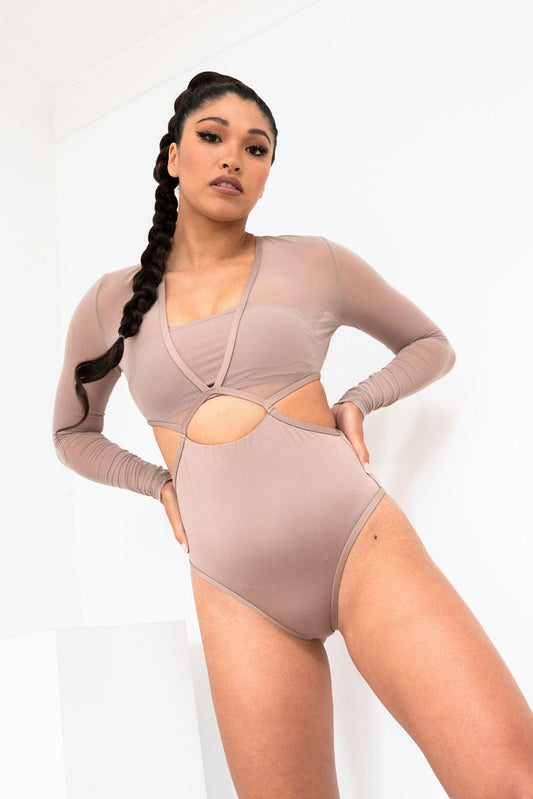Diana Bodysuit - Mesh Cut Out Long Sleeve Bodysuit Recycled Mocha