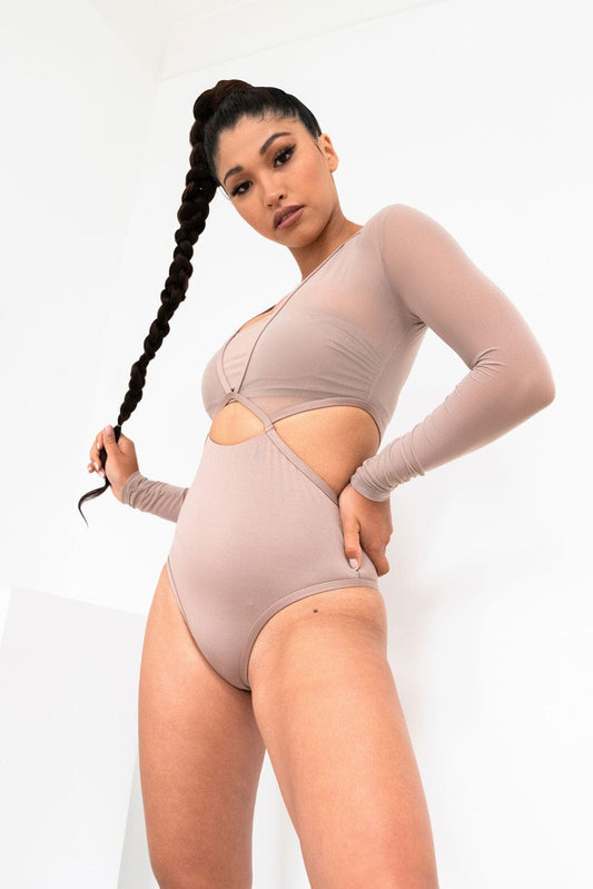 Diana Bodysuit - Mesh Cut Out Long Sleeve Bodysuit Recycled Mocha