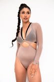 Diana Bodysuit - Mesh Cut Out Long Sleeve Bodysuit Recycled Mocha