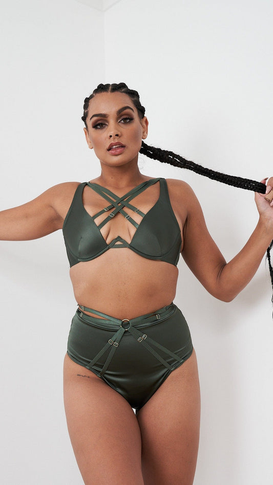 Rosie Bottom - Strappy Satin High Waist Bottom Forest Green