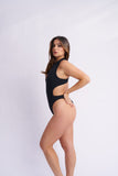 Marina High Neck Zipper Scuba Bodysuit Black