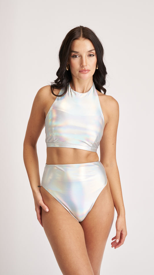 High Neck Top Metallic Silver