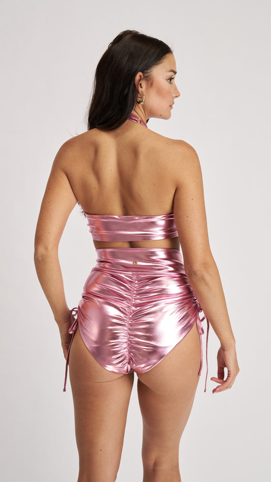 High Waist Drawstring Bottoms Metallic Baby Pink