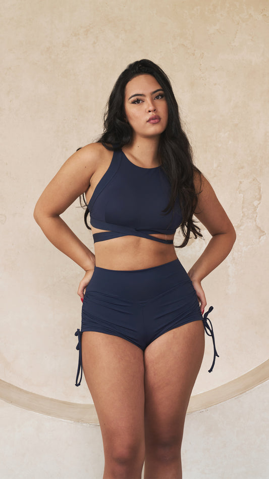 High Waist Drawstring Shorts Navy