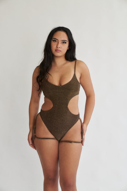 Pixie Bodysuit in Gold Black Lurex