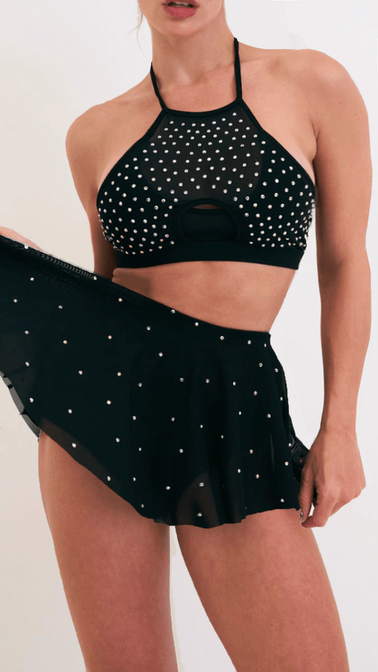Sarah Mesh Diamante High Waist Skort Black