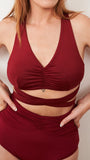 Kaia Top - Gathered V Neck Racerback Wrap Top Recycled Wine