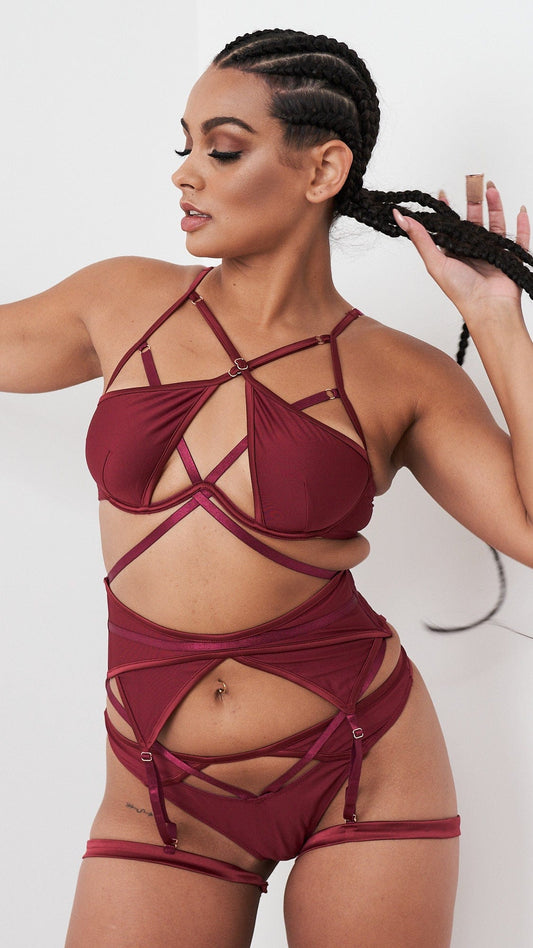 Lauren Set - Strappy Cut Out Lingerie Set Recycled Wine