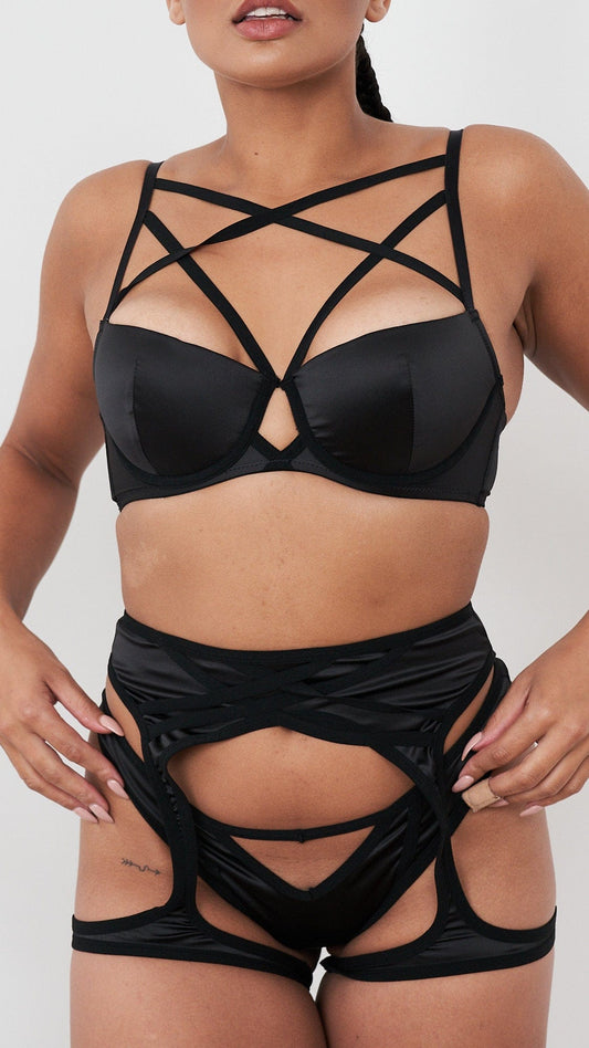 Letty Bra - Satin Strappy Criss Cross Underwire Bra Black