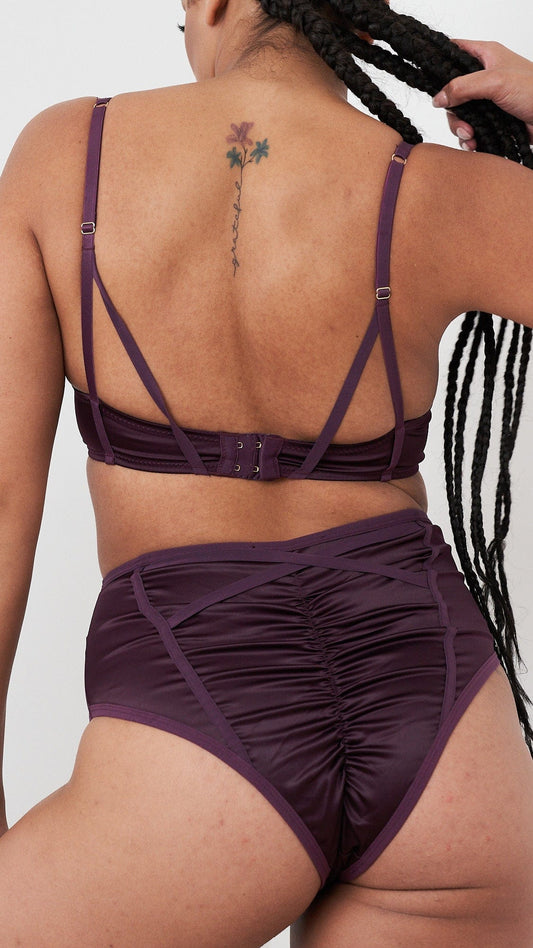 Letty Bra - Satin Strappy Criss Cross Underwire Bra Plum