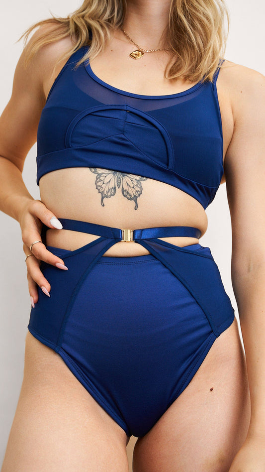 Loretta Bottom - Mesh Cut Out Adjustable High Waist Shorts Recycled Navy