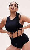 Mabel Top - Ribbed High Neck Tie Front Crop Top Black
