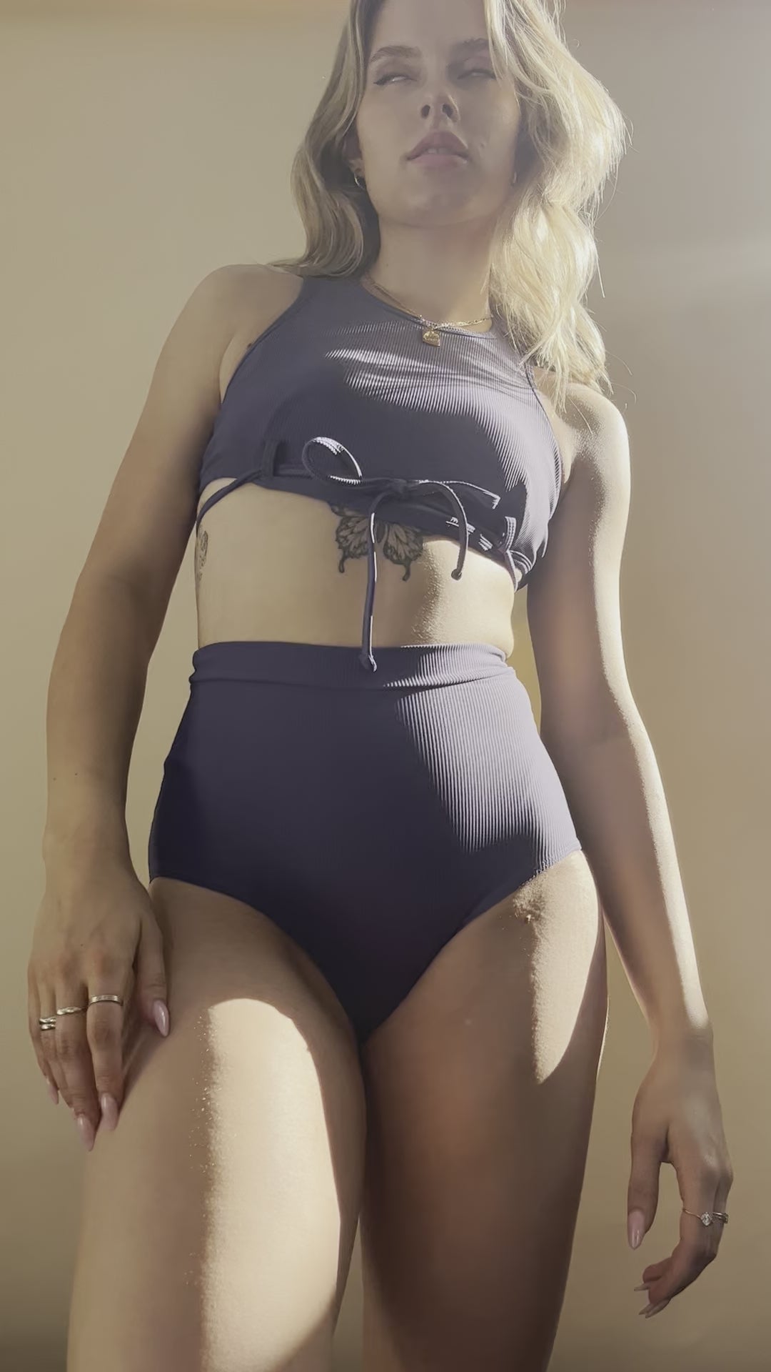 Mabel Top - Ribbed High Neck Tie Front Crop Top Twilight