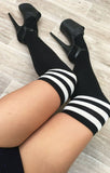 Black Thigh High Socks with White Stripe