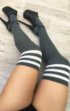 Charcoal Thigh High Socks With White Stripe