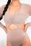 Diana Bodysuit - Mesh Cut Out Long Sleeve Bodysuit Recycled Mocha