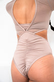 Diana Bodysuit - Mesh Cut Out Long Sleeve Bodysuit Recycled Mocha