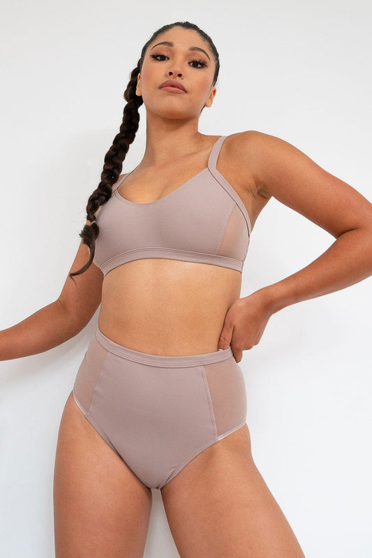 Gigi Top - Mesh Pannelled Top Recycled Mocha