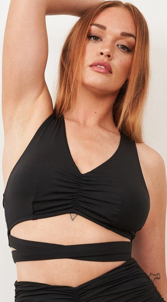 Kaia Top - Gathered V Neck Racerback Wrap Top Recycled Black